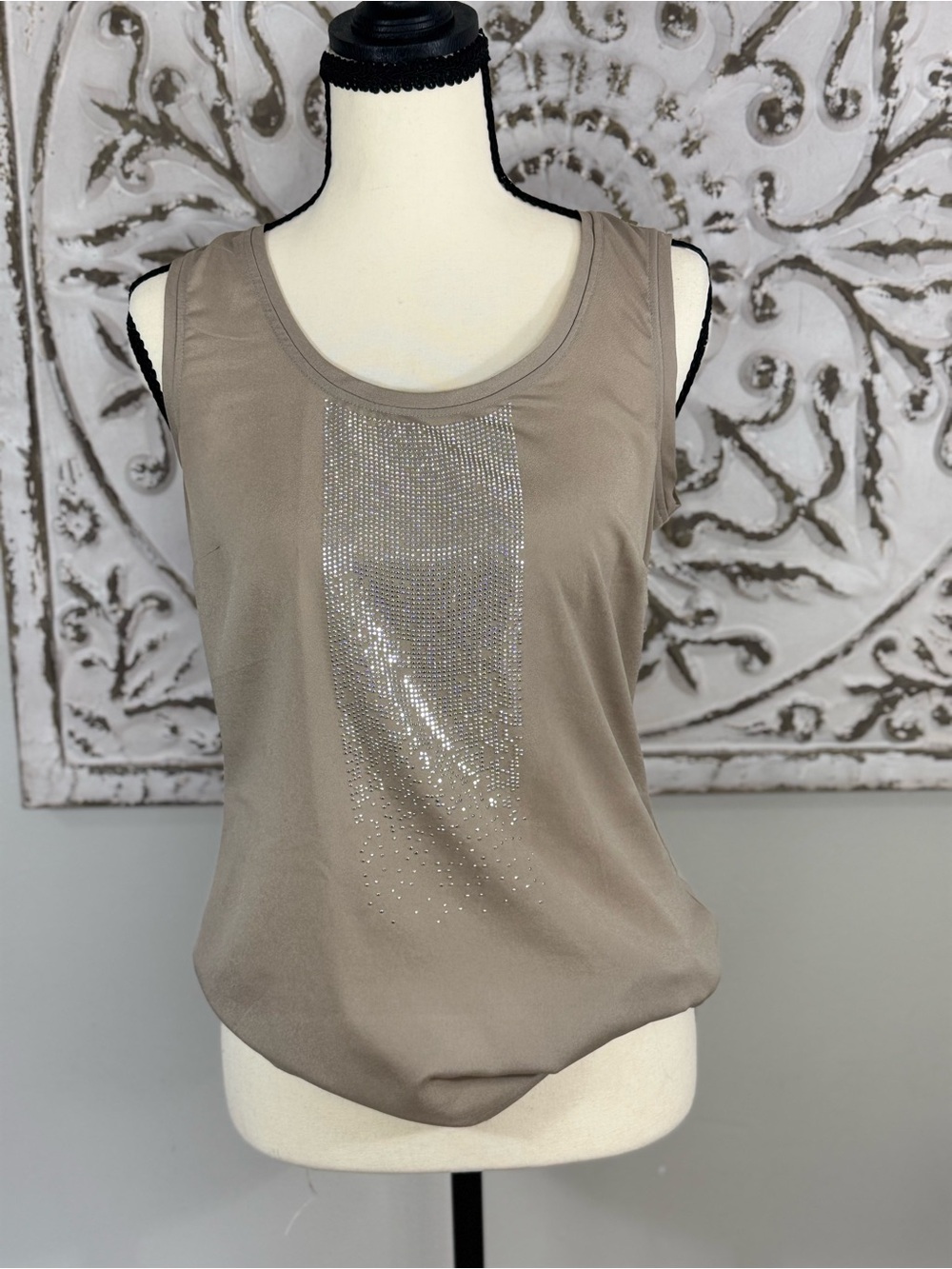 The Limited Taupe Tank with Vertical Rhinestone Stripe